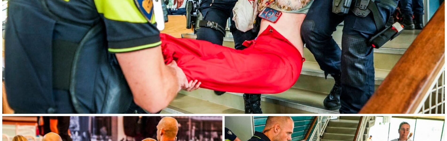 Speech minister verstoord door activisten, meerdere mensen door de politie uit de zaal verwijderd.