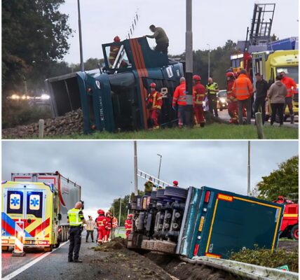 Paniek op de A7: vrachtwagen met suikerbieten raakt uit evenwicht, met grote schade aan mens en materieel tot gevolg