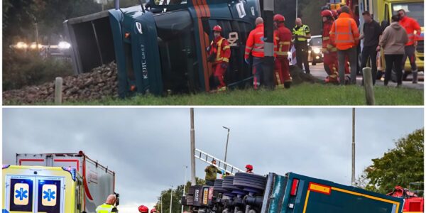 Paniek op de A7: vrachtwagen met suikerbieten raakt uit evenwicht, met grote schade aan mens en materieel tot gevolg