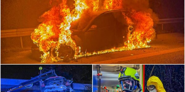 🔥 Schock auf der A23! Ein Auto geht plötzlich in Flammen auf – Rettungswagen entdeckt das Inferno zufällig! Was die Besatzung dann tut, rettet Leben… 🚒