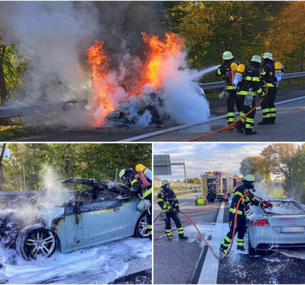 Feuerdrama auf der A8 bei Munchen: Audi TT geht plötzlich in Flammen auf – Fahrer kann sich in letzter Sekunde retten