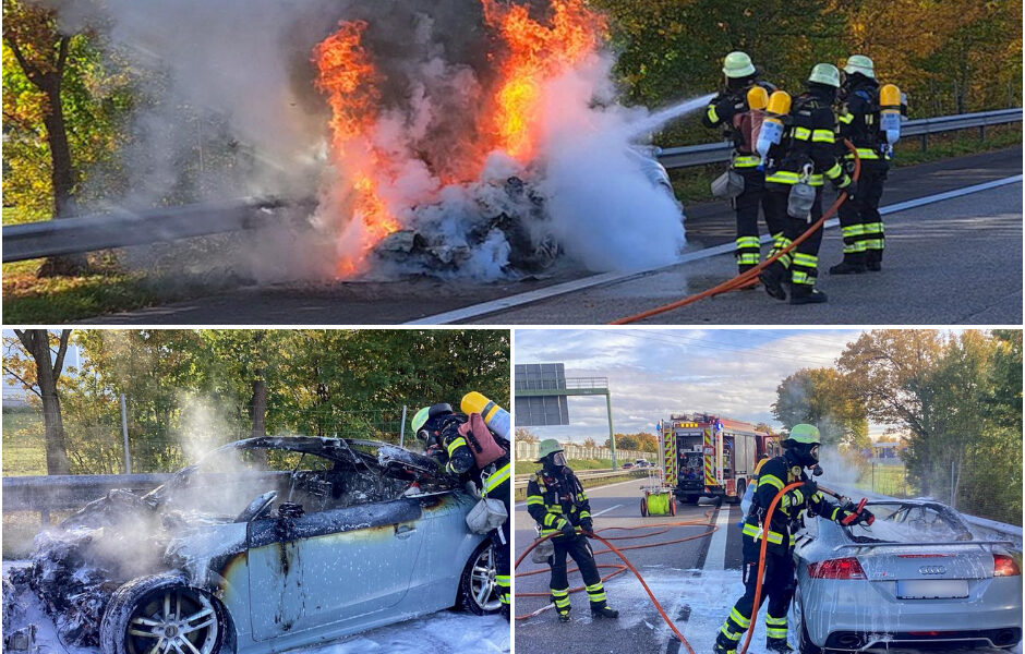 Feuerdrama auf der A8 bei Munchen: Audi TT geht plötzlich in Flammen auf – Fahrer kann sich in letzter Sekunde retten