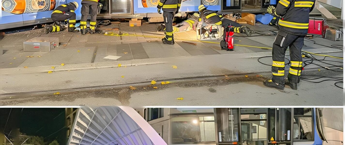 Tram entgleist und kracht in Haltestelle