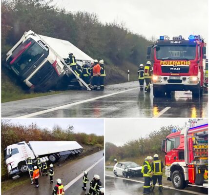 Schwerer Unfall auf der A1 bei Sittensen – Lkw kippt nach Kollision mit E-Auto um, drei Schwerverletzte