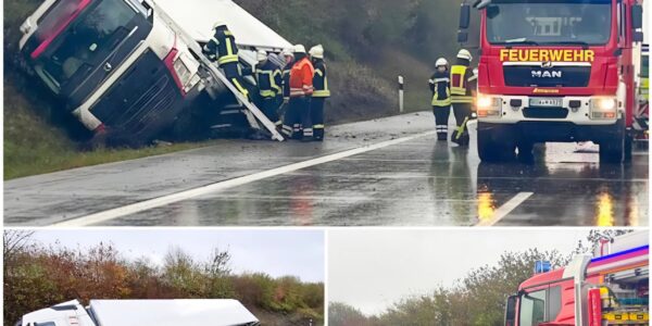 Schwerer Unfall auf der A1 bei Sittensen – Lkw kippt nach Kollision mit E-Auto um, drei Schwerverletzte