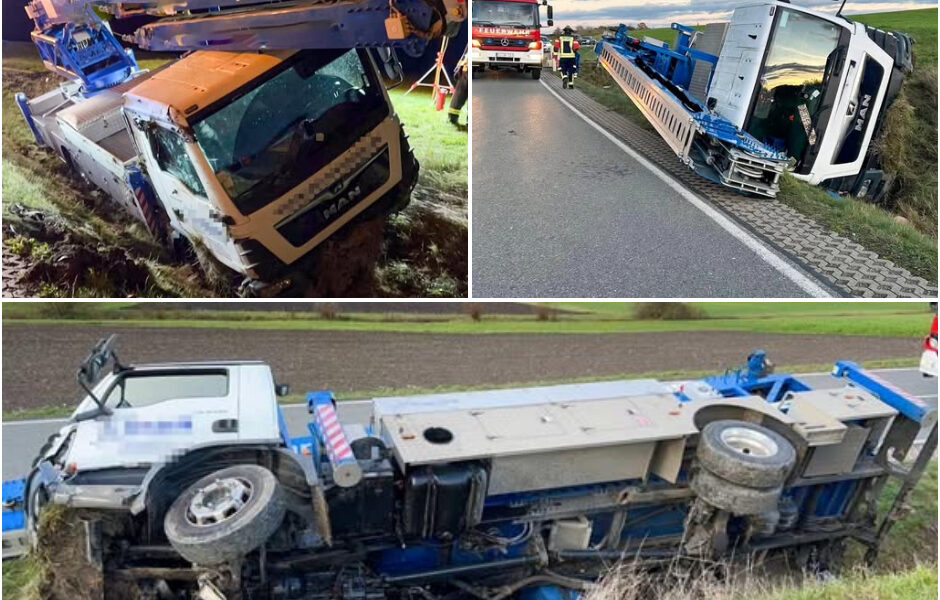 Schock auf bayerischer Landstraße: 30-Tonnen-Kran kippt plötzlich um – Fahrer kämpft ums Leben!