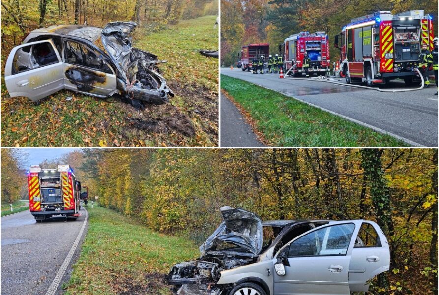Feuer-Inferno auf der L556: Opel rast gegen Baum und geht in Flammen auf – Ersthelfer retten Fahrer in letzter Sekunde