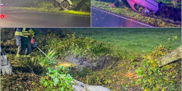 Auto landet im Straßengraben, Öl droht auszutreten – brisanter Einsatz in Aurich in der Nacht! ⚠️🔥
