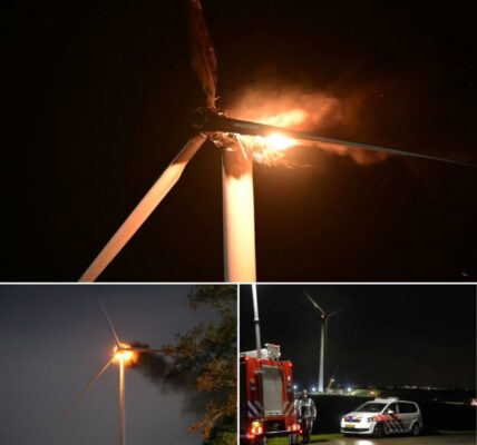 Windturbine in vlammen bij nieuwleusen — symbool van groene toekomst verandert in zwarte wolk: brandweerlieden stonden hulpeloos toe te kijken