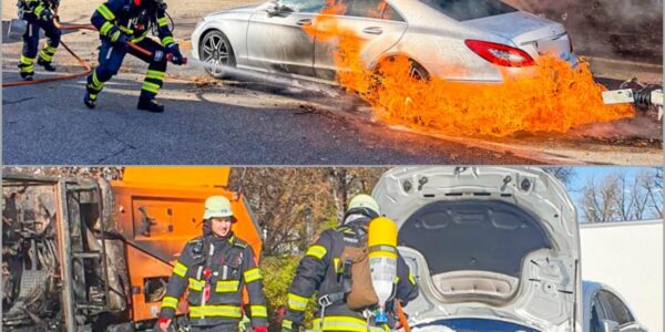 Feuerdrama in München: Kehrmaschine steht in Flammen, Mercedes brennt mit – schwarze Rauchwolke über der Stadt! 🔥🚨
