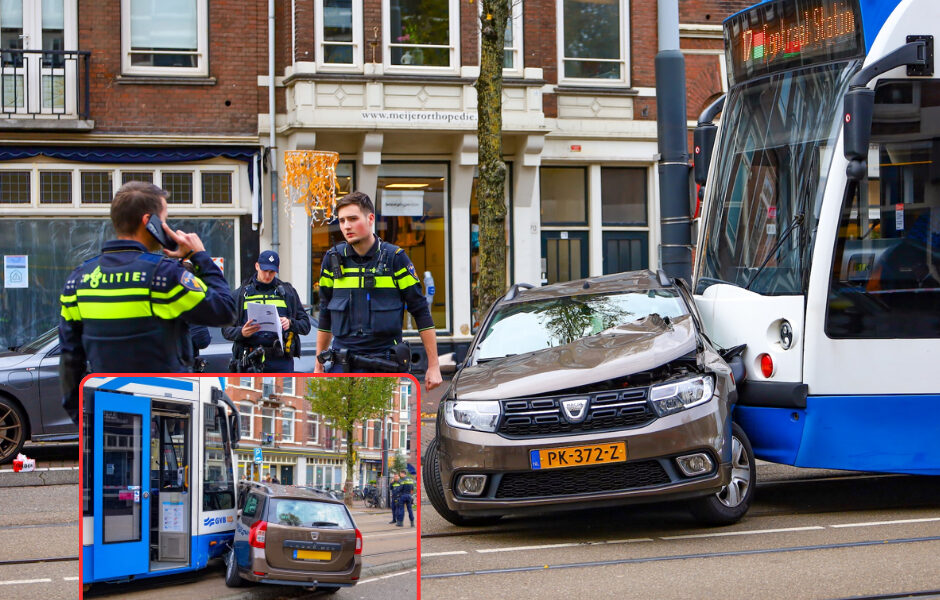 Chaos en paniek in Amsterdam: meerdere gewonden na zware botsing tussen auto en tram in drukke binnenstad