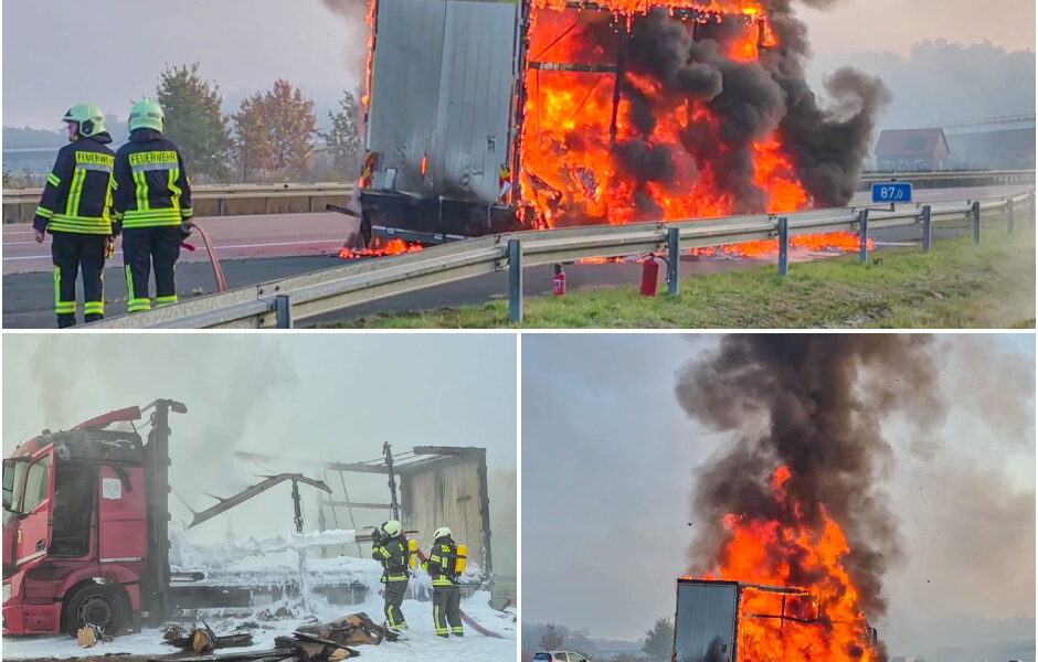 Feuer-Horror auf der A10: Lkw mit Elektrotechnik brennt vollständig aus – Fahrer entkommt nur knapp dem Inferno