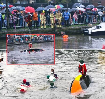 Zinkende boot levert acht zwarte pieten een frisse duik op: “Gelukkig bleef het bij natte pakken”