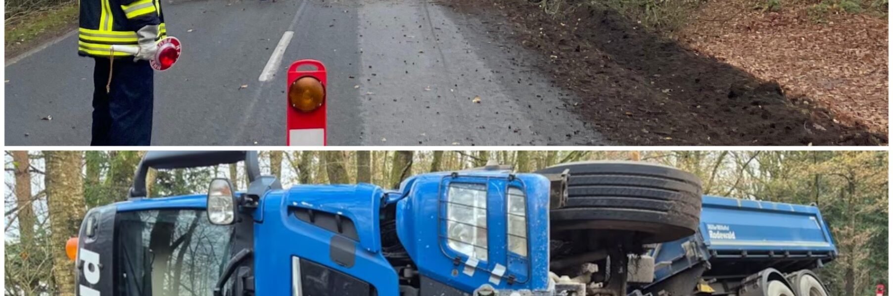 Baum gefällt und Mineralgemisch verteilt: Lastwagen-Gespannt kippt um und landet im Wald
