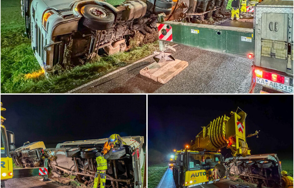 23 Tonnen Zement kippen um: Schwerer Lkw-Unfall blockiert Landstraße zwischen Königsbach-Stein und Walzbachtal