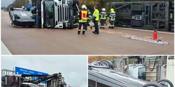 Schwerer Unfall auf der A9: Autotransporter kippt um – hoher Schaden und stundenlange Sperrung