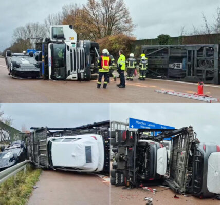 Autotransporter kippt auf A9 um: Spektakulärer Unfall nach 30-Sekunden-Schleuderfahrt