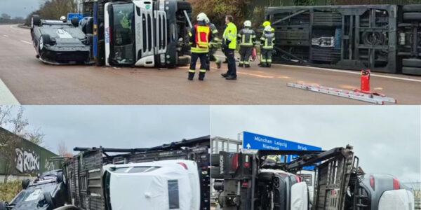 Autotransporter kippt auf A9 um: Spektakulärer Unfall nach 30-Sekunden-Schleuderfahrt