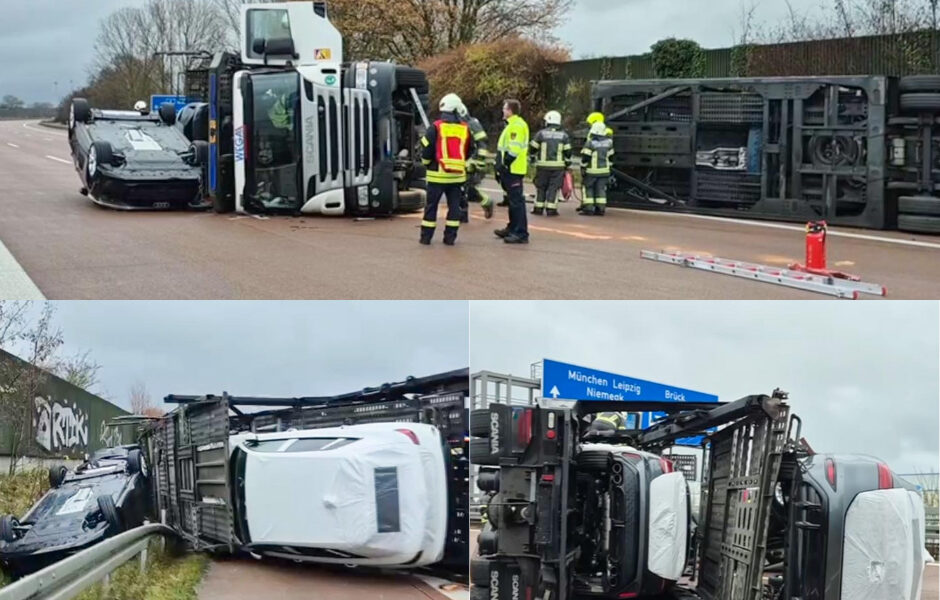 Autotransporter kippt auf A9 um: Spektakulärer Unfall nach 30-Sekunden-Schleuderfahrt