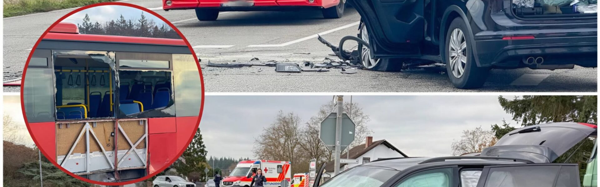 Schock auf der L 555 bei Waghäusel — Linienbus kollidiert mit Auto, mehrere Verletzte