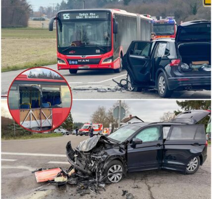 Schock auf der L 555 bei Waghäusel — Linienbus kollidiert mit Auto, mehrere Verletzte