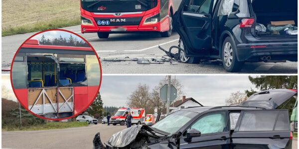 Schock auf der L 555 bei Waghäusel — Linienbus kollidiert mit Auto, mehrere Verletzte