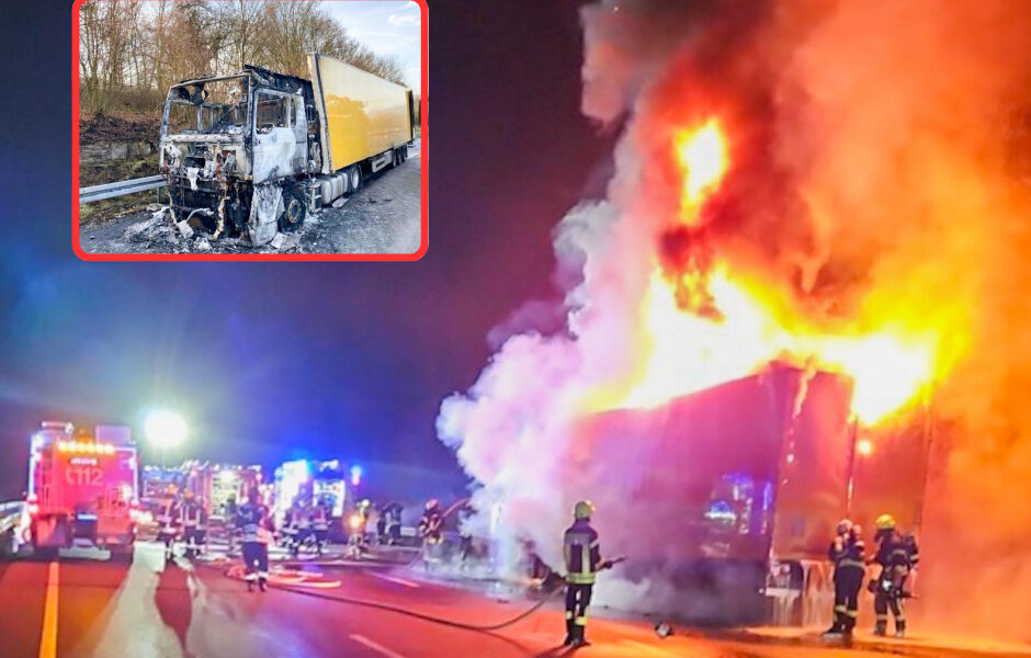 Gefährlicher Brand auf der A7: Saurer Frachtzug in Flammen – Stundenlange Sperrung und Chaos auf der Autobahn